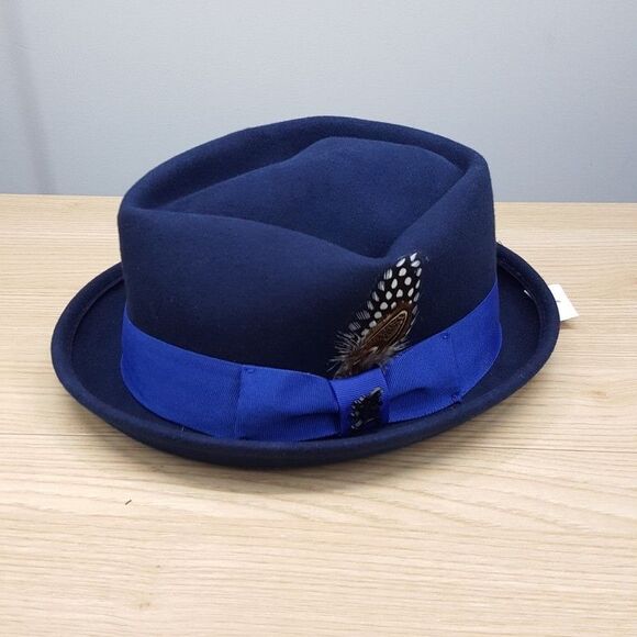 STACY ADAMS Wool Fedora Mens Large Blue Feather Trim Diamond Crown $89